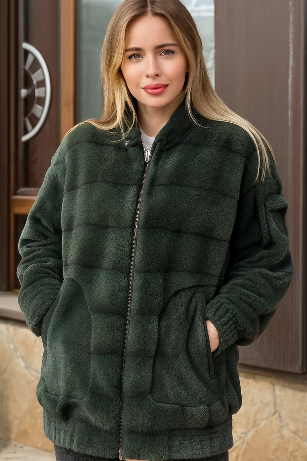 Куртка меховая тёмно-зелёная